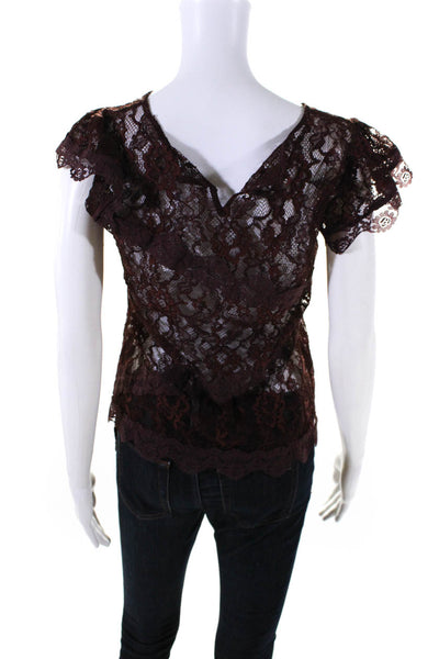 Anthropologie Women's Round Neck Ruffle Sleeves Lace Blouse Burgundy Size XXS