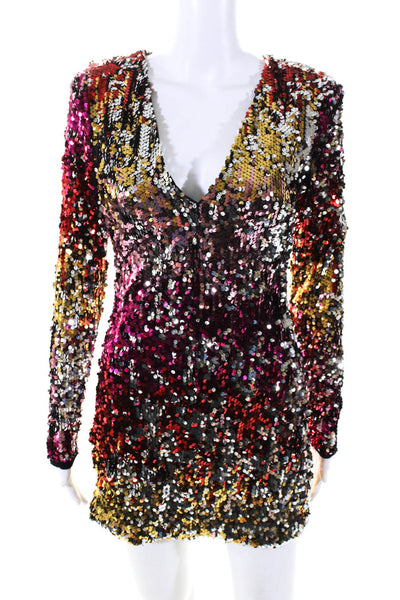 Hours Women's V-Neck Long Sleeves Sequin Fitted Multicolor Mini Dress Size XS