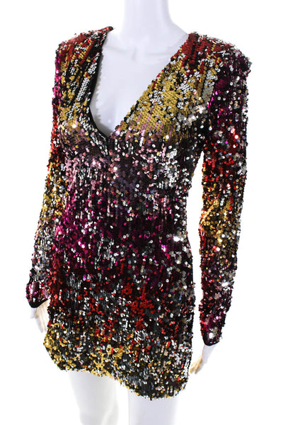 Hours Women's V-Neck Long Sleeves Sequin Fitted Multicolor Mini Dress Size XS