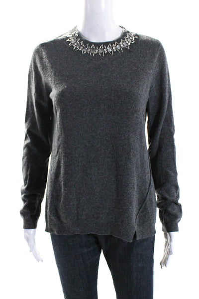 Rebecca Taylor Womens Spike Crystal Embellished Crew Neck Sweater Gray Large