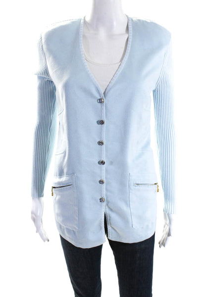 Escada Womens Button Front Faux Suede V Neck Cardigan Sweater Blue Size FR 36