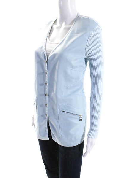 Escada Womens Button Front Faux Suede V Neck Cardigan Sweater Blue Size FR 36