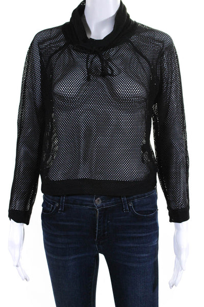 Koral Womens 3/4 Sleeve Drawstring Cowl Neck Mesh Shirt Black Size Medium