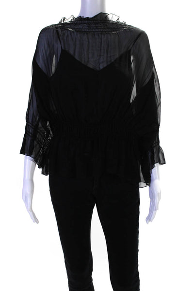 ABS by Allen Schwartz Women's Off The Shoulder Sheer Ruffle Blouse Black Size L