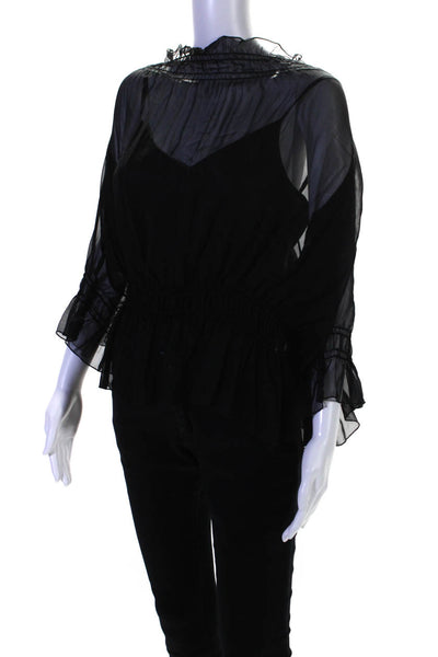 ABS by Allen Schwartz Women's Off The Shoulder Sheer Ruffle Blouse Black Size L