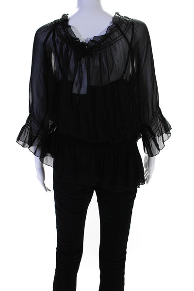 ABS by Allen Schwartz Women's Off The Shoulder Sheer Ruffle Blouse Black Size L