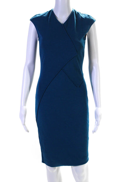 Victoria Victoria Beckham Womens Cap Sleeve V Neck Sheath Dress Blue Size 4