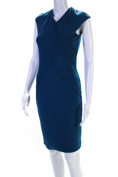 Victoria Victoria Beckham Womens Cap Sleeve V Neck Sheath Dress Blue Size 4