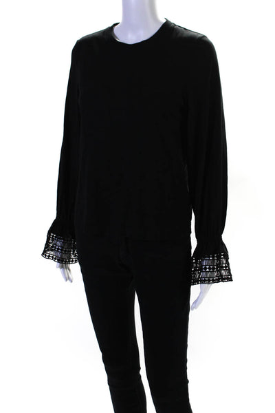 See by Chloe Women's Round Neck Long Sleeves Crochet Hem Blouse Black Size XS