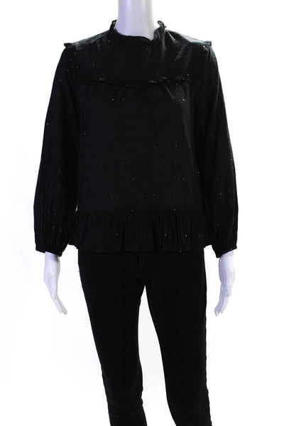 Joie Women's Ruffle Round Neck Long Sleeves Spotted Dot Blouse Black Size XS