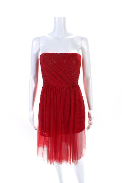 BCBG Max Azria Womens Sequined Strapless Vienna Tulle Dress Red Cotton Size 2