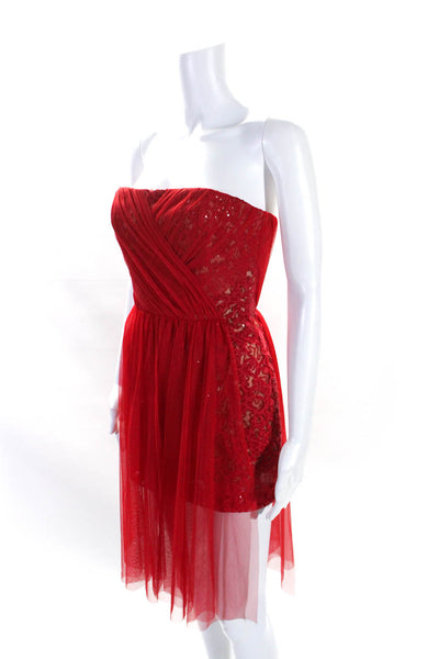 BCBG Max Azria Womens Sequined Strapless Vienna Tulle Dress Red Cotton Size 2