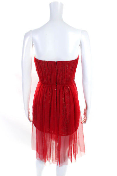 BCBG Max Azria Womens Sequined Strapless Vienna Tulle Dress Red Cotton Size 2