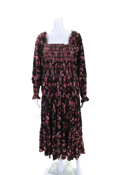 Free People Womens Smocked Floral Print Long Sleeve Tiered Dress Black Size XS