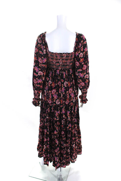 Free People Womens Smocked Floral Print Long Sleeve Tiered Dress Black Size XS