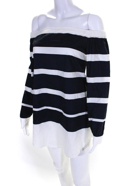 Derek Lam 10 Crosby Womens Cotton Striped Off Shoulder Shift Dress Blue Size 6