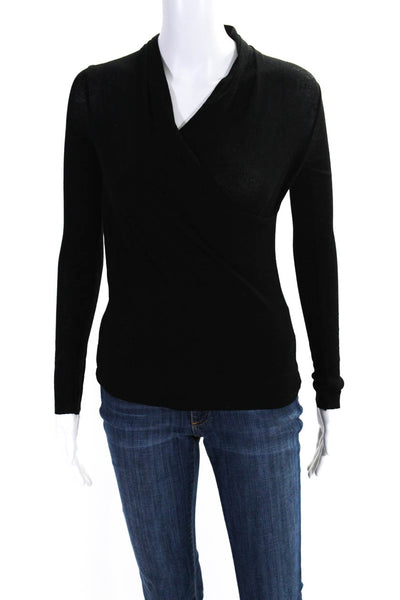 Vince Womens Ribbed Knit Surplice Long Sleeve Top Blouse Black Size Extra Small