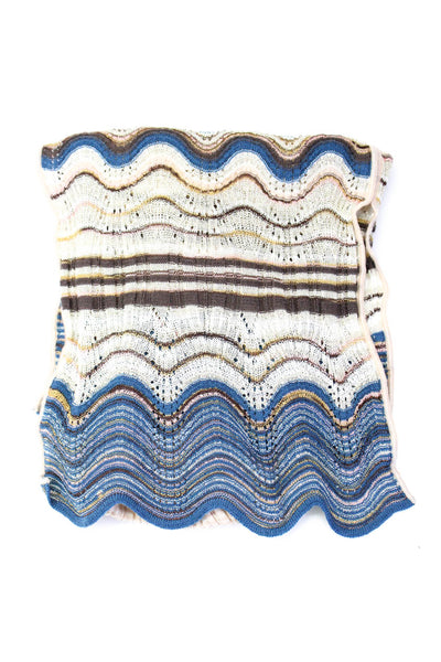 M Missoni Womens Ribbed Knit Wavy Stripe Skinny Scarf Beige Brown Blue 74"