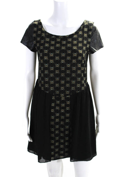 House of Harlow 1960 Womens Patchwork Ruched Short Sleeve Dress Black Size S