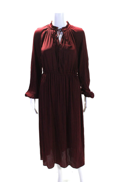 MDRN Women's Round Neck Lon Sleeves Cinch Waist Midi Dress Burgundy Size XL