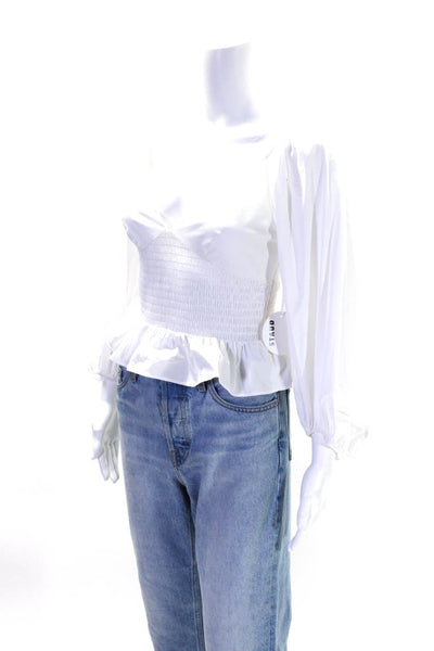 Staud Women's V-Neck Smocked Puff Sleeves Ruffle Blouse White Size XS