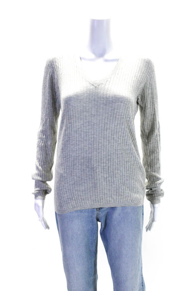 Vince Women's V-Neck Long Sleeves Ribbed Basic Blouse Gray Size M