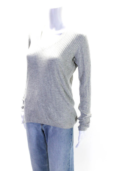 Vince Women's V-Neck Long Sleeves Ribbed Basic Blouse Gray Size M