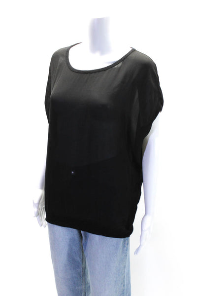 Vince Women's Round Neck Short Sleeves Sheer Blouse Black Size S