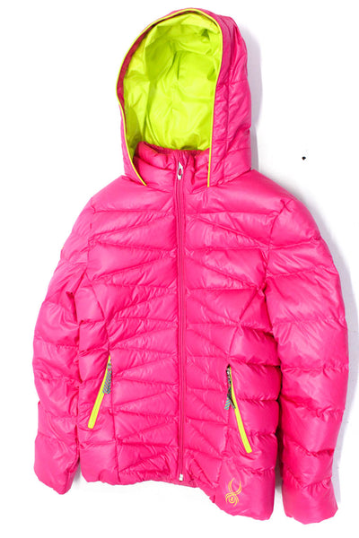 Spyder Girls Front Zip Down Quilted Hooded Puffer Jacket Pink Green Size Large