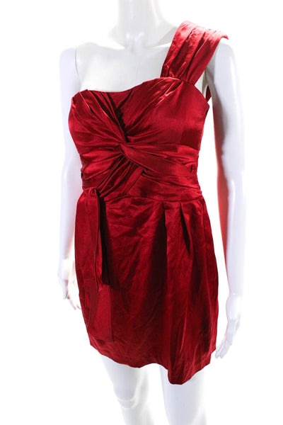 Nanette Lepore Womens Satin Pleated Waist One Shoulder Mini Dress Red Size 2