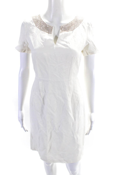 Rebecca Taylor Womens Silk Studded V-Neck Short Sleeve Sheath Dress White Size 2