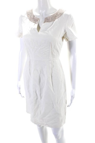 Rebecca Taylor Womens Silk Studded V-Neck Short Sleeve Sheath Dress White Size 2