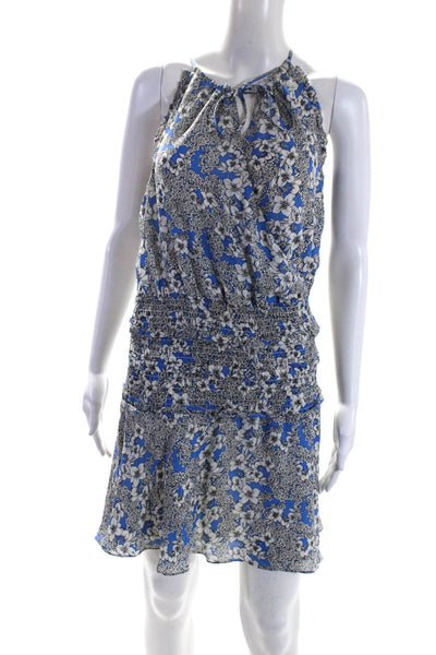 Parker Womens Silk Floral Print Smocked A Line Dress Blue White Size Medium