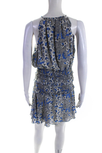 Parker Womens Silk Floral Print Smocked A Line Dress Blue White Size Medium