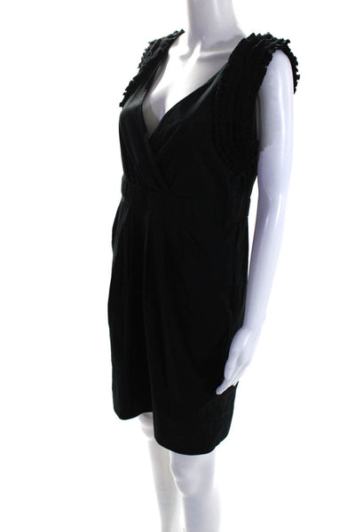 BCBG Max Azria Womens Ruffled V Neck Sheath Dress Black Cotton Size Medium