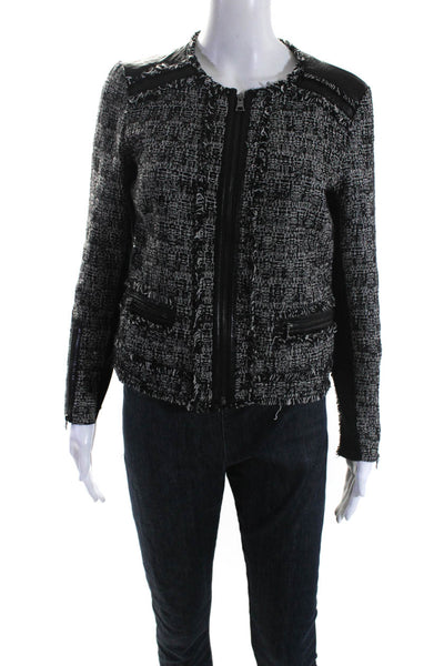 Rebecca Taylor Womens Leather Trim Tweed Full Zip Jacket Black White Size 4