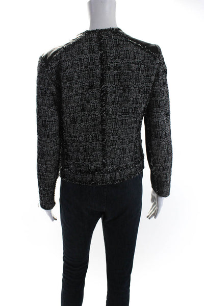 Rebecca Taylor Womens Leather Trim Tweed Full Zip Jacket Black White Size 4