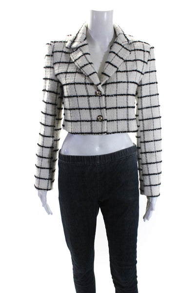 Zara Womens Cropped Check Tweed Button Up Jacket White Black Size Small