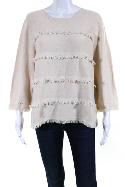 J. Mclaughlin Womens 3/4 Sleeve Fringe Round Neck Sweater Beige Cotton Size XL