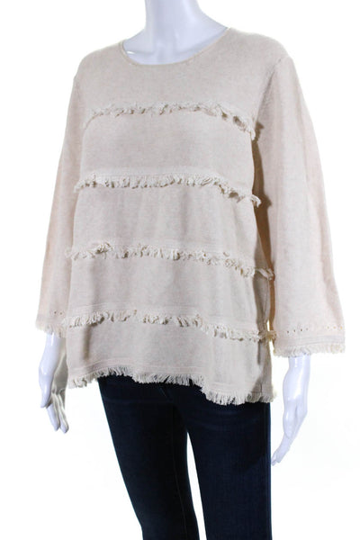 J. Mclaughlin Womens 3/4 Sleeve Fringe Round Neck Sweater Beige Cotton Size XL