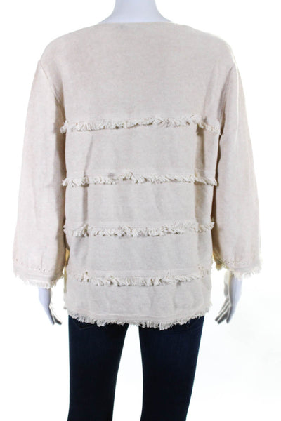 J. Mclaughlin Womens 3/4 Sleeve Fringe Round Neck Sweater Beige Cotton Size XL