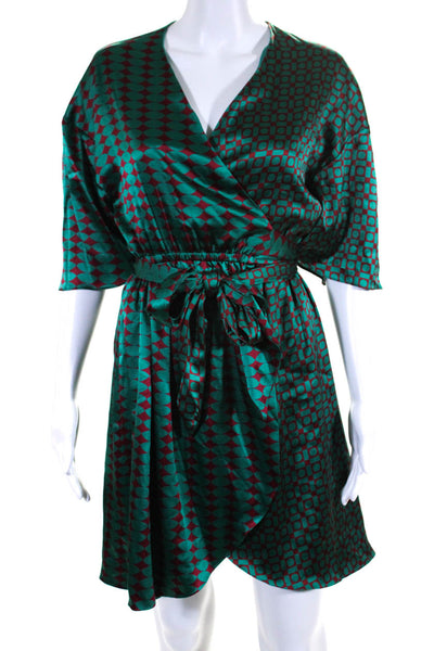 Cynthia Rowley Womens Short Sleeve Geometric Satin Wrap Dress Green Red Size XS