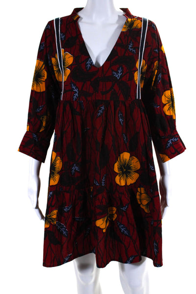 Maison Chateau Rouge Womens Floral 3/4 Sleeve A Line Dress Red Black Size XS