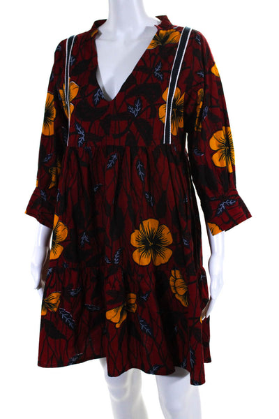 Maison Chateau Rouge Womens Floral 3/4 Sleeve A Line Dress Red Black Size XS