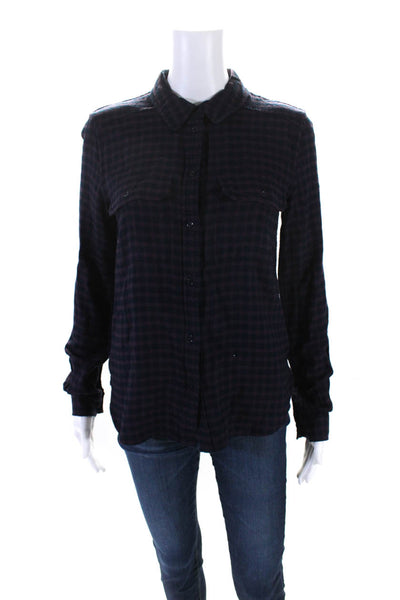 Paige Womens Button Front Collared Plaid Shirt Navy Purple Size Extra Small