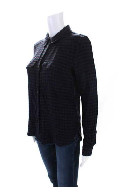 Paige Womens Button Front Collared Plaid Shirt Navy Purple Size Extra Small