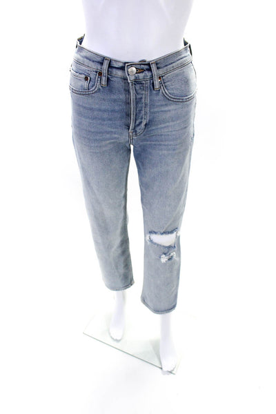 Re/Done Womens Zipper Fly High Rise Distressed Straight Leg Jeans Blue Size 24