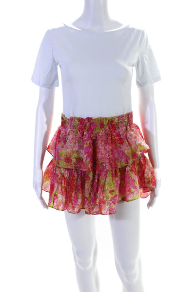 Love Shack Fancy Womens Cotton Floral Print Ruched Ruffled Skirt Pink Size M