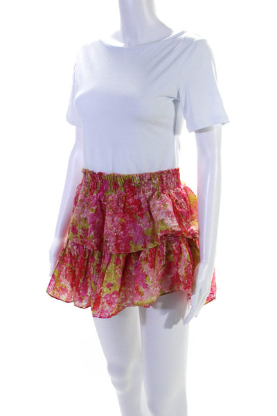 Love Shack Fancy Womens Cotton Floral Print Ruched Ruffled Skirt Pink Size M