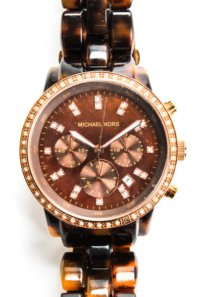 Michael Kors Womens Tortoise Band Rose Gold Crystal Chronograph Watch Brown 31 m